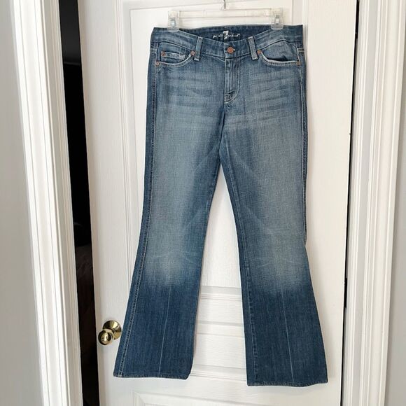 7 for All Mankind "A" Pocket Studded Distressed Faded Low-Rise Boot Cut Jeans - Picture 1 of 12